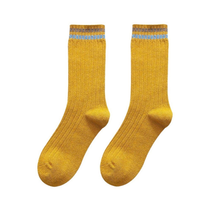 1 Pair Women Fall Winter Socks Solid Color Mid-tube Thick Warm No Odor Elastic Anti-slip Striped Sweat Absorption Lady Image 1