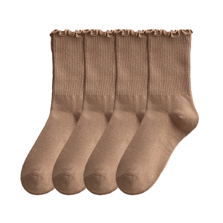 2 Pair Women Solid Color Crew Socks Sheer Trim Mid-tube Socks Soft Breathable High Elastic Pile Socks Image 6