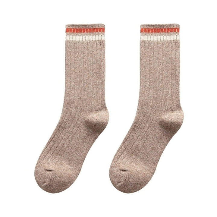 1 Pair Women Fall Winter Socks Solid Color Mid-tube Thick Warm No Odor Elastic Anti-slip Striped Sweat Absorption Lady Image 1