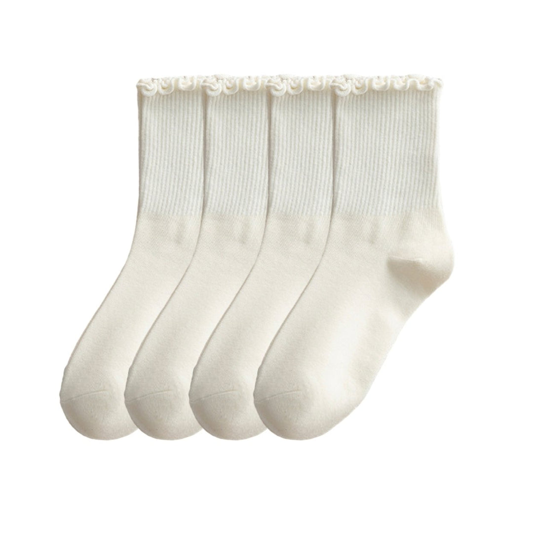 2 Pair Women Solid Color Crew Socks Sheer Trim Mid-tube Socks Soft Breathable High Elastic Pile Socks Image 1