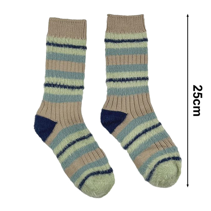 1 Pair Women Fall Winter Socks Contrast Color Mid-tube Thick Warm No Odor Elastic Anti-slip Striped Sweat Absorption Image 8