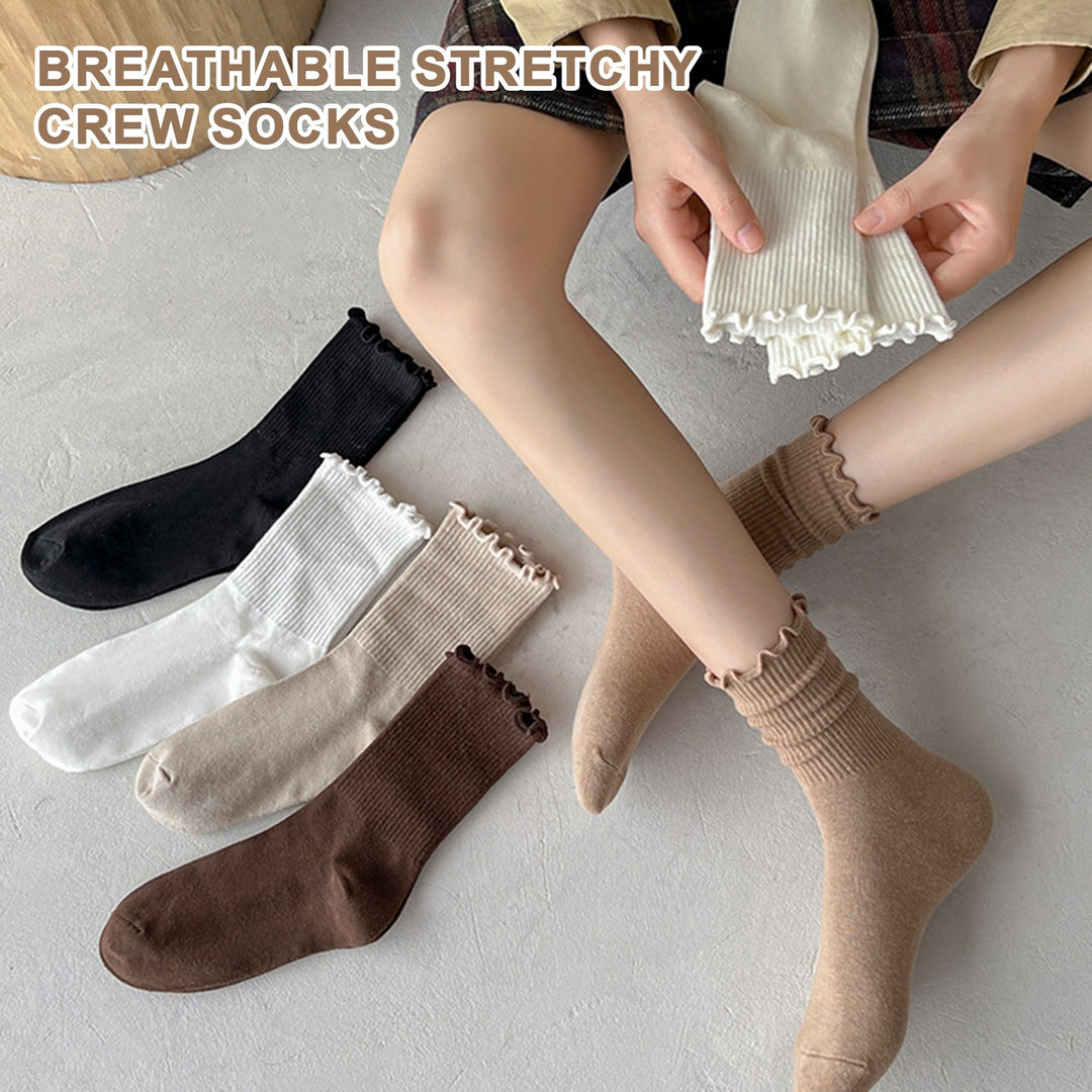 2 Pair Women Solid Color Crew Socks Sheer Trim Mid-tube Socks Soft Breathable High Elastic Pile Socks Image 8