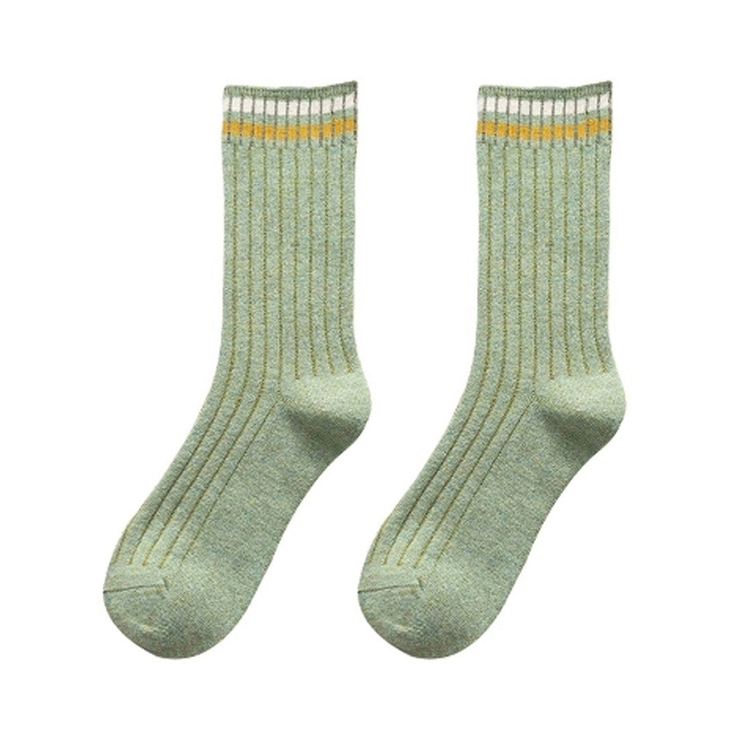 1 Pair Women Fall Winter Socks Solid Color Mid-tube Thick Warm No Odor Elastic Anti-slip Striped Sweat Absorption Lady Image 1