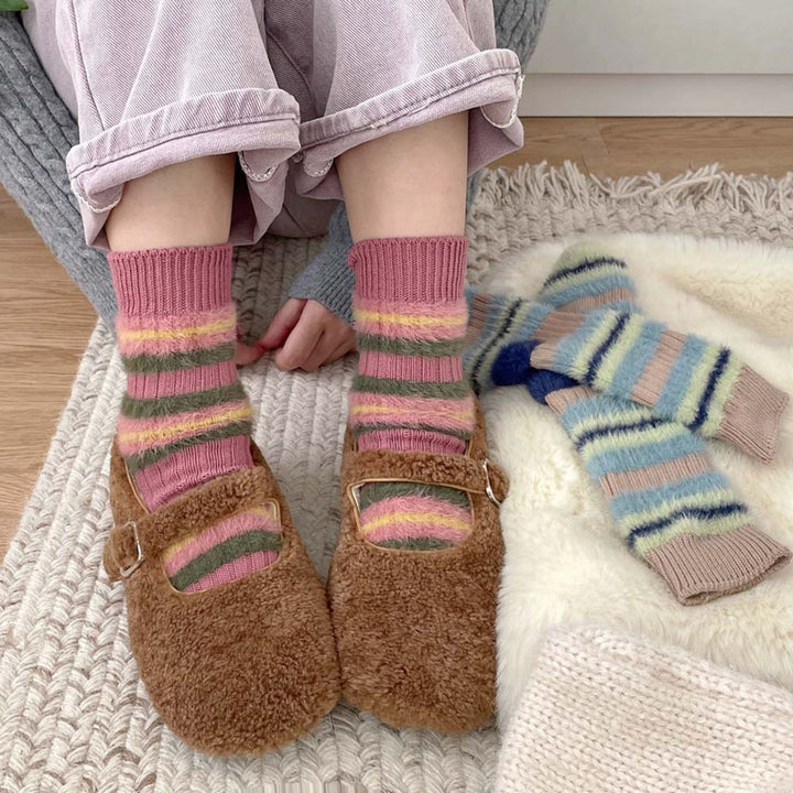 1 Pair Women Fall Winter Socks Contrast Color Mid-tube Thick Warm No Odor Elastic Anti-slip Striped Sweat Absorption Image 9