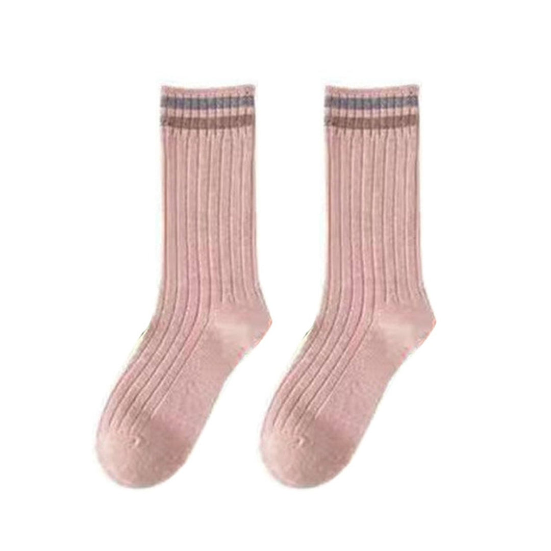 1 Pair Women Fall Winter Socks Solid Color Mid-tube Thick Warm No Odor Elastic Anti-slip Striped Sweat Absorption Lady Image 1