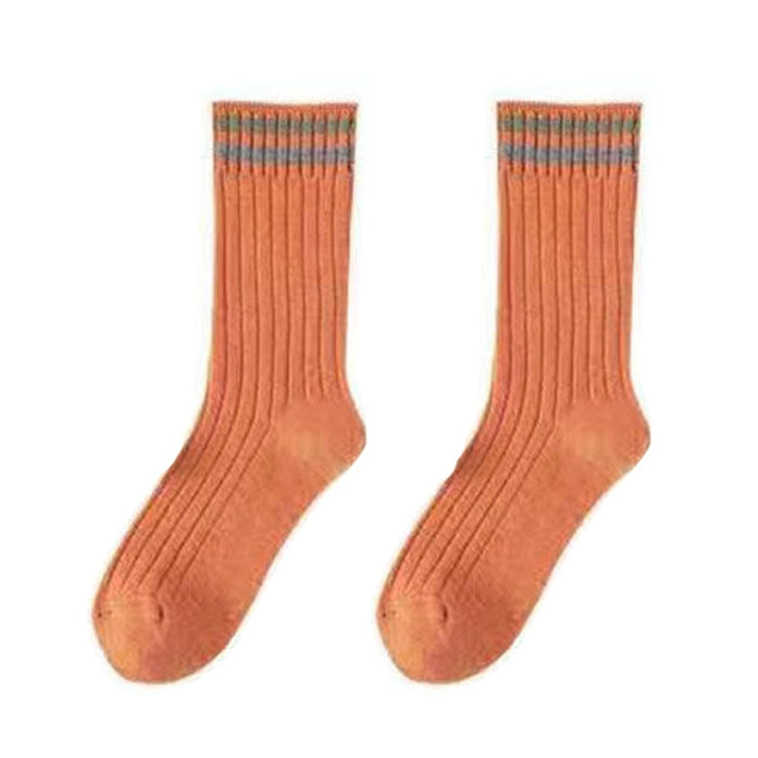 1 Pair Women Fall Winter Socks Solid Color Mid-tube Thick Warm No Odor Elastic Anti-slip Striped Sweat Absorption Lady Image 1