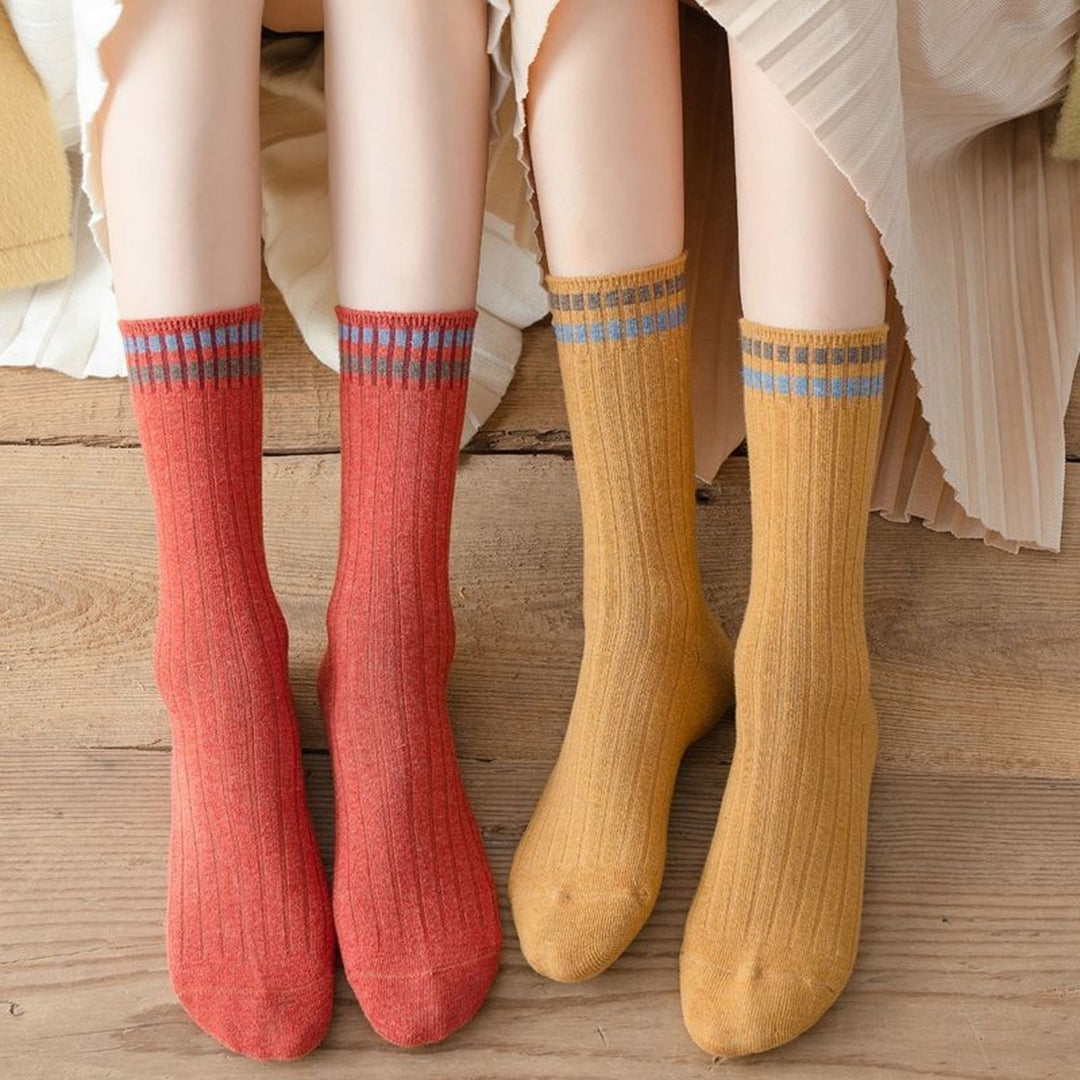 1 Pair Women Fall Winter Socks Solid Color Mid-tube Thick Warm No Odor Elastic Anti-slip Striped Sweat Absorption Lady Image 12