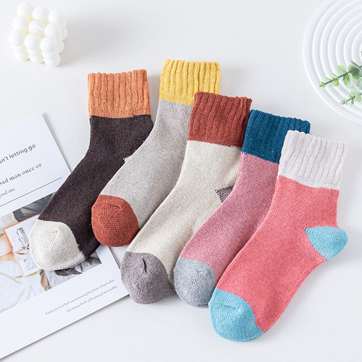 1 Pair Women Fall Winter Socks Contrast Color Mid-tube Thick Warm No Odor Elastic Anti-slip Knitted Sweat Absorption Image 7