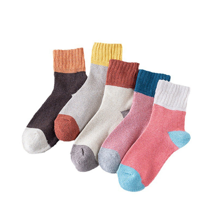 1 Pair Women Fall Winter Socks Contrast Color Mid-tube Thick Warm No Odor Elastic Anti-slip Knitted Sweat Absorption Image 11