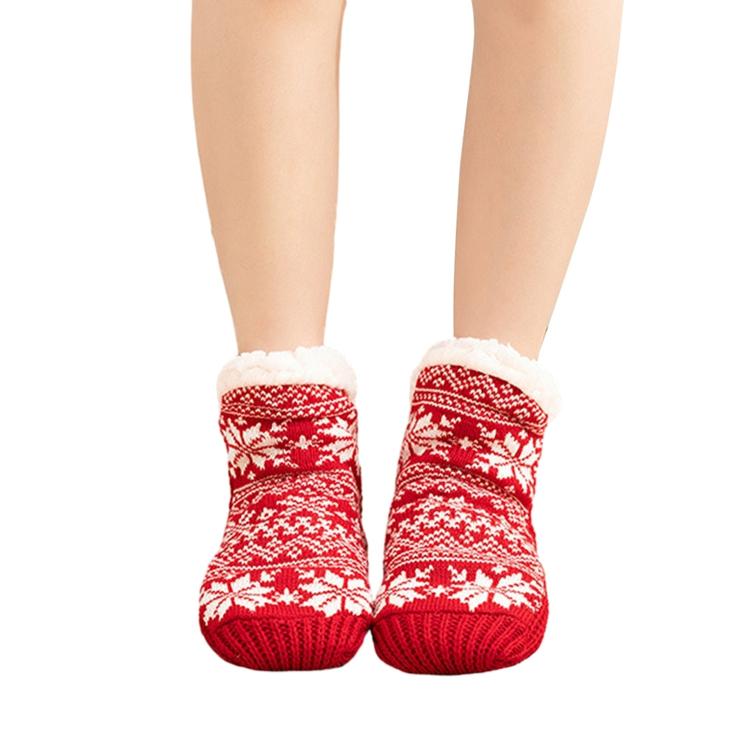 1 Pair Winter Floor Socks Thick Plush Lining Snowflake Print Knitted Elastic Warm Cold Resistant Image 2