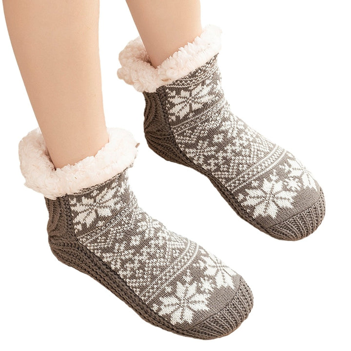 1 Pair Winter Floor Socks Thick Plush Lining Snowflake Print Knitted Elastic Warm Cold Resistant Image 1