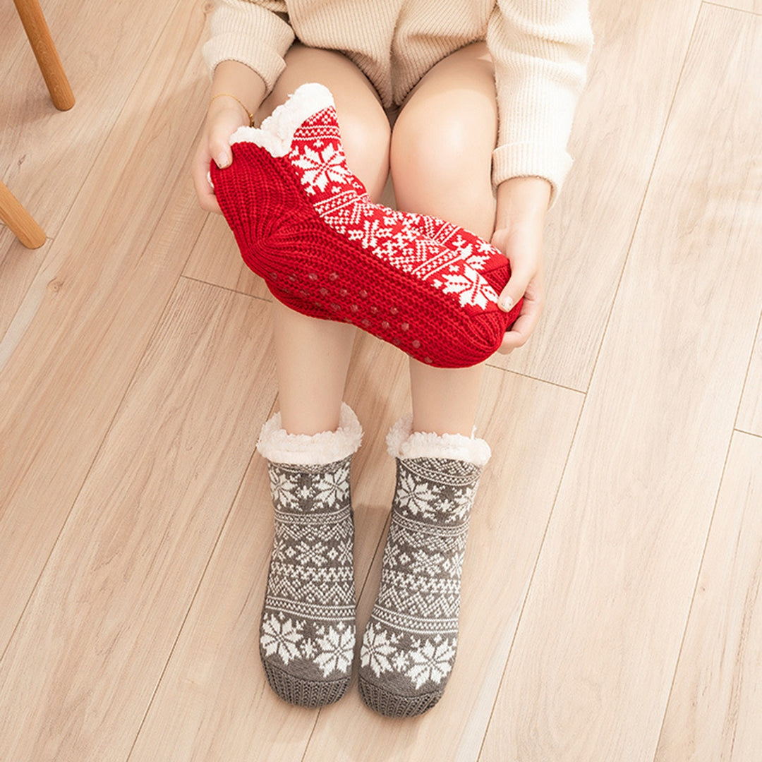 1 Pair Winter Floor Socks Thick Plush Lining Snowflake Print Knitted Elastic Warm Cold Resistant Image 4