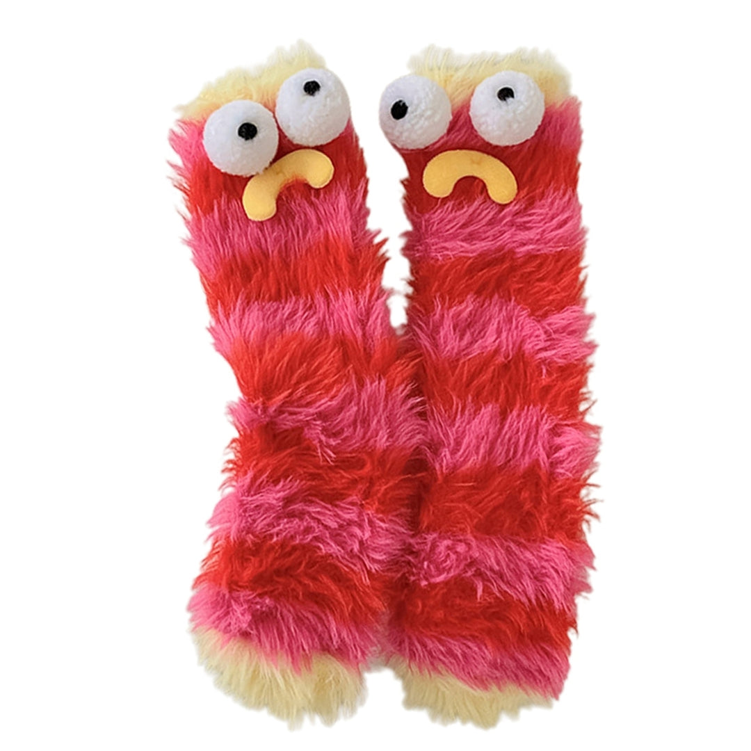 1 Pair Women Winter Socks Cartoon Decor Thick Plush Elastic Anti-slip Cozy Fuzzy Thickened Mid-tube Floor Socks Sleeping Image 3