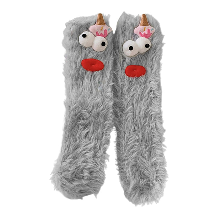 1 Pair Women Winter Socks Cartoon Decor Thick Plush Elastic Anti-slip Cozy Fuzzy Thickened Mid-tube Floor Socks Sleeping Image 4