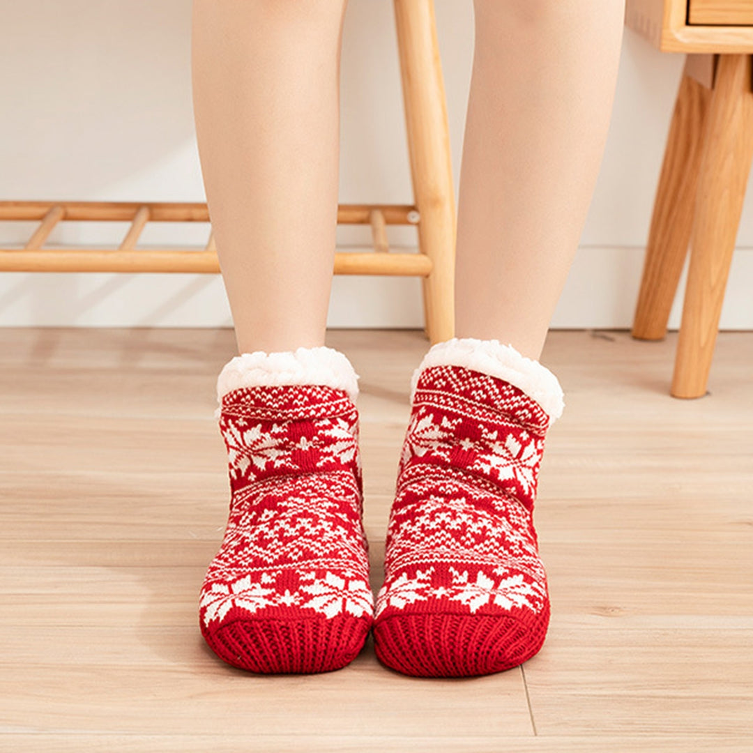 1 Pair Winter Floor Socks Thick Plush Lining Snowflake Print Knitted Elastic Warm Cold Resistant Image 6