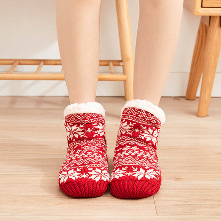 1 Pair Winter Floor Socks Thick Plush Lining Snowflake Print Knitted Elastic Warm Cold Resistant Image 6