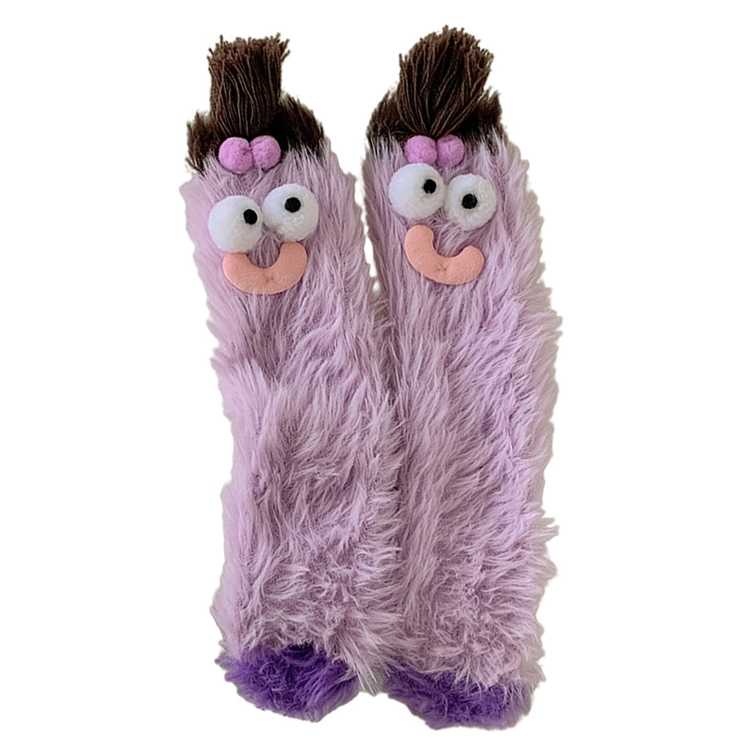1 Pair Women Winter Socks Cartoon Decor Thick Plush Elastic Anti-slip Cozy Fuzzy Thickened Mid-tube Floor Socks Sleeping Image 6
