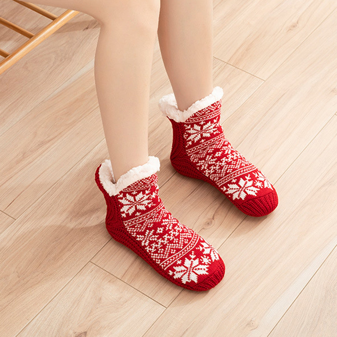 1 Pair Winter Floor Socks Thick Plush Lining Snowflake Print Knitted Elastic Warm Cold Resistant Image 8