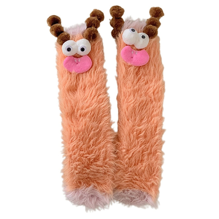 1 Pair Women Winter Socks Cartoon Decor Thick Plush Elastic Anti-slip Cozy Fuzzy Thickened Mid-tube Floor Socks Sleeping Image 1