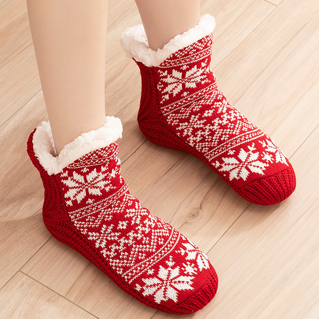 1 Pair Winter Floor Socks Thick Plush Lining Snowflake Print Knitted Elastic Warm Cold Resistant Image 10