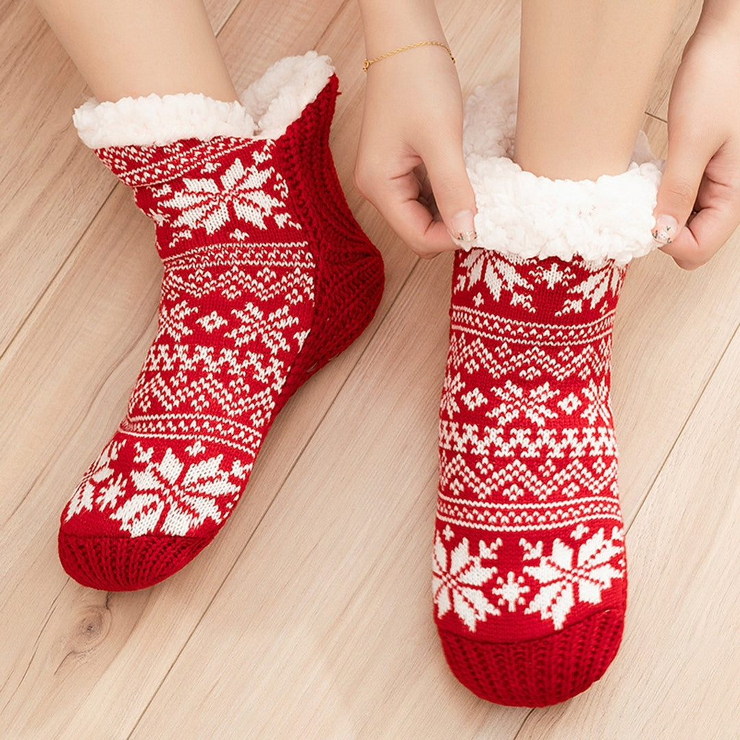 1 Pair Winter Floor Socks Thick Plush Lining Snowflake Print Knitted Elastic Warm Cold Resistant Image 11