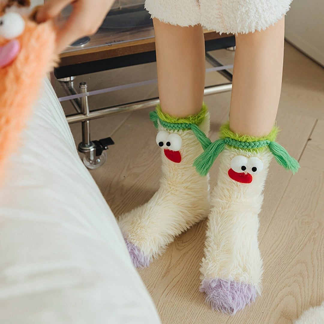 1 Pair Women Winter Socks Cartoon Decor Thick Plush Elastic Anti-slip Cozy Fuzzy Thickened Mid-tube Floor Socks Sleeping Image 12