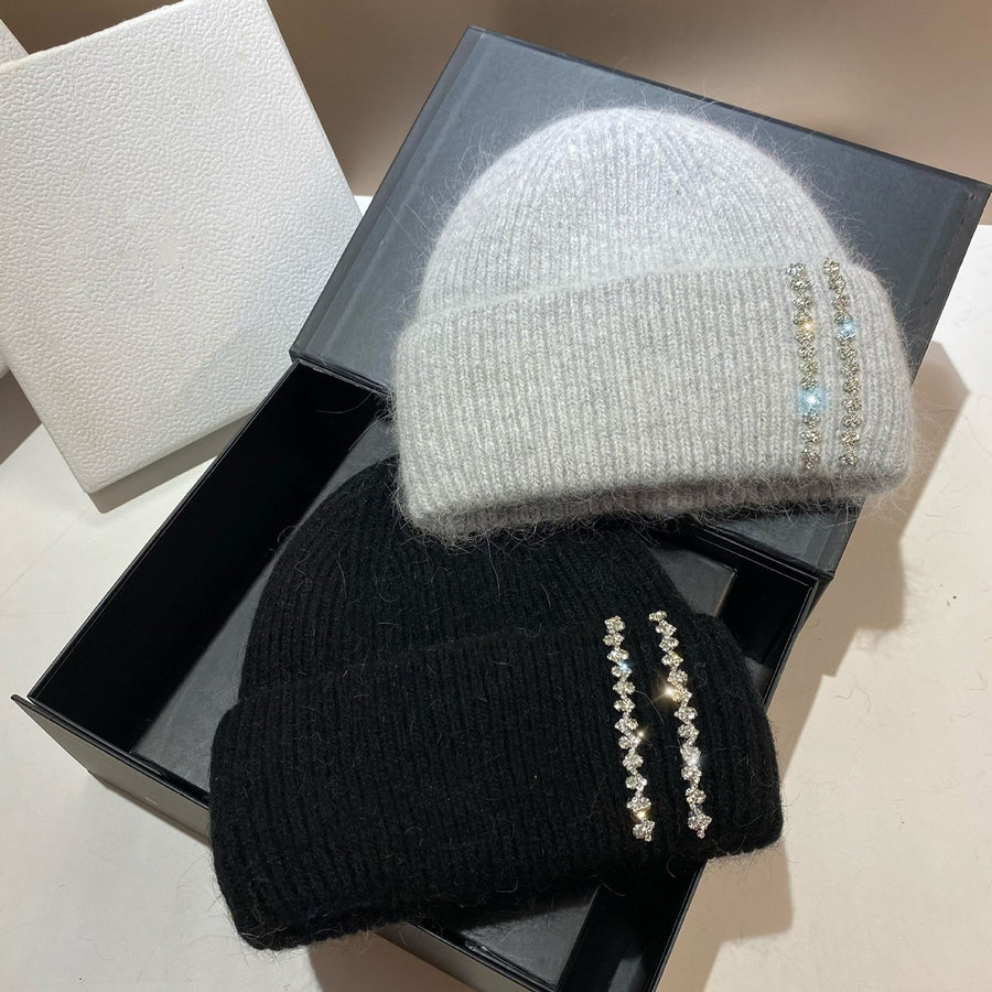 Women Winter Hat Thickened Knitted Rhinestone Decor Elastic Warm Windproof Solid Color Dome Anti-slip Cozy Lady Outdoor Image 1