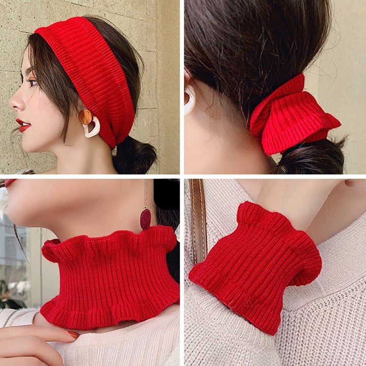 Women Autumn Winter Knitted Neck Scarf Dual Use Sheer Trim Hair Band Solid Color High Elastic Scarf Headgear Image 12