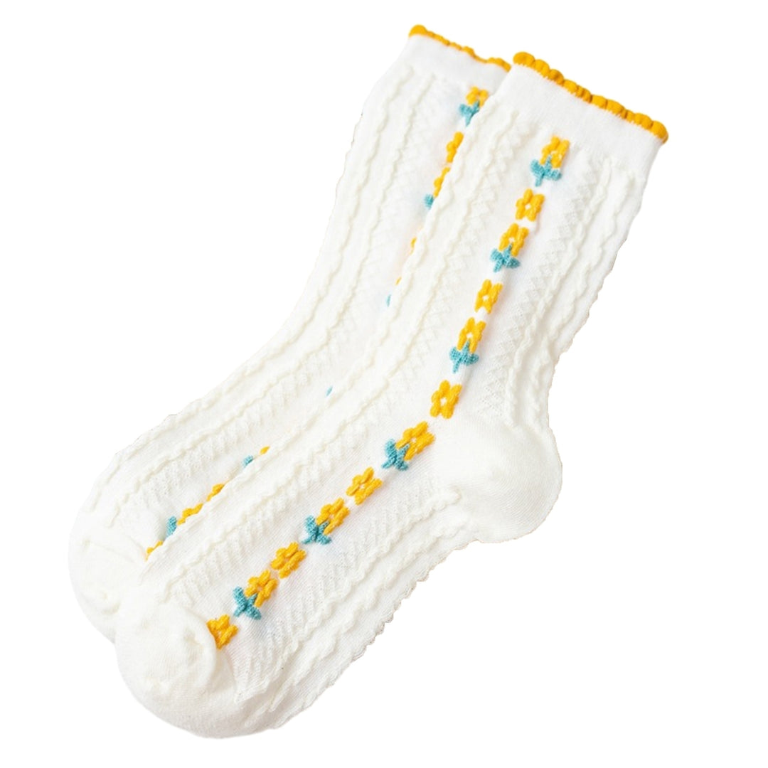 1 Pair Women Cotton Crew Socks 3D Floral Pattern Mid-tube Socks Soft Breathable High Elastic Pile Socks Image 4