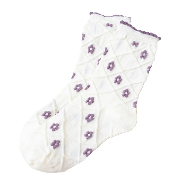 1 Pair Women Cotton Crew Socks 3D Floral Pattern Mid-tube Socks Soft Breathable High Elastic Pile Socks Image 4