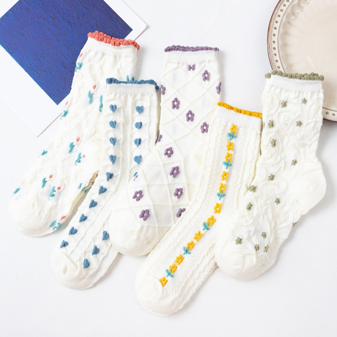 1 Pair Women Cotton Crew Socks 3D Floral Pattern Mid-tube Socks Soft Breathable High Elastic Pile Socks Image 9