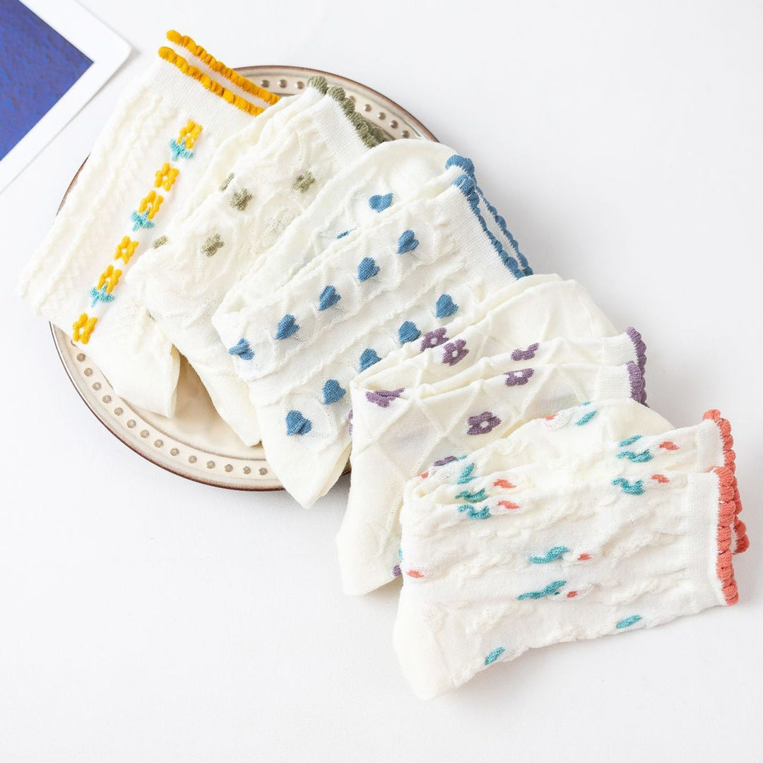 1 Pair Women Cotton Crew Socks 3D Floral Pattern Mid-tube Socks Soft Breathable High Elastic Pile Socks Image 11