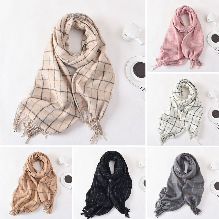 Women Autumn Winter Imitation Cashmere Scarf Plaid Print Thickened Warm Shawl Soft Elegant Tassels Long Scarf Image 1