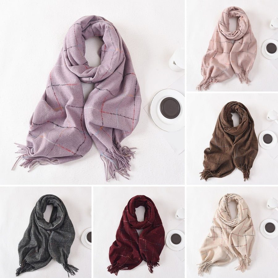 Women Winter Scarf Double-sided Plush Tassel Wide Long Thick Windproof Decorative Plaid Print Soft Sunscreen Neck Image 1
