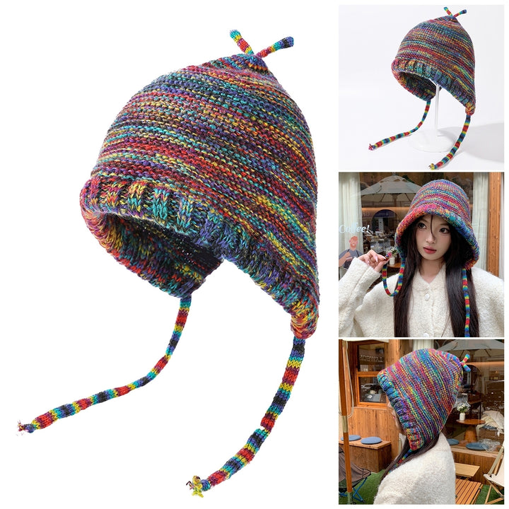 Women Winter Hat Elastic Rainbow Color Knitted Lace Up Strap Elastic Thick Dome Soft Warm Windproof Foldable Lady Cap Image 1