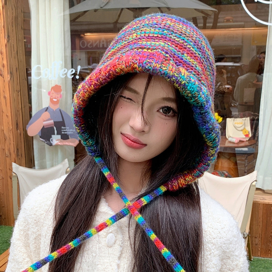 Women Winter Hat Elastic Rainbow Color Knitted Lace Up Strap Elastic Thick Dome Soft Warm Windproof Foldable Lady Cap Image 2