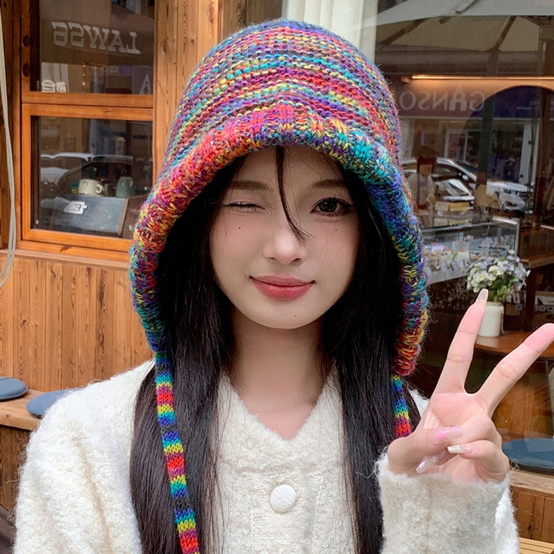 Women Winter Hat Elastic Rainbow Color Knitted Lace Up Strap Elastic Thick Dome Soft Warm Windproof Foldable Lady Cap Image 3