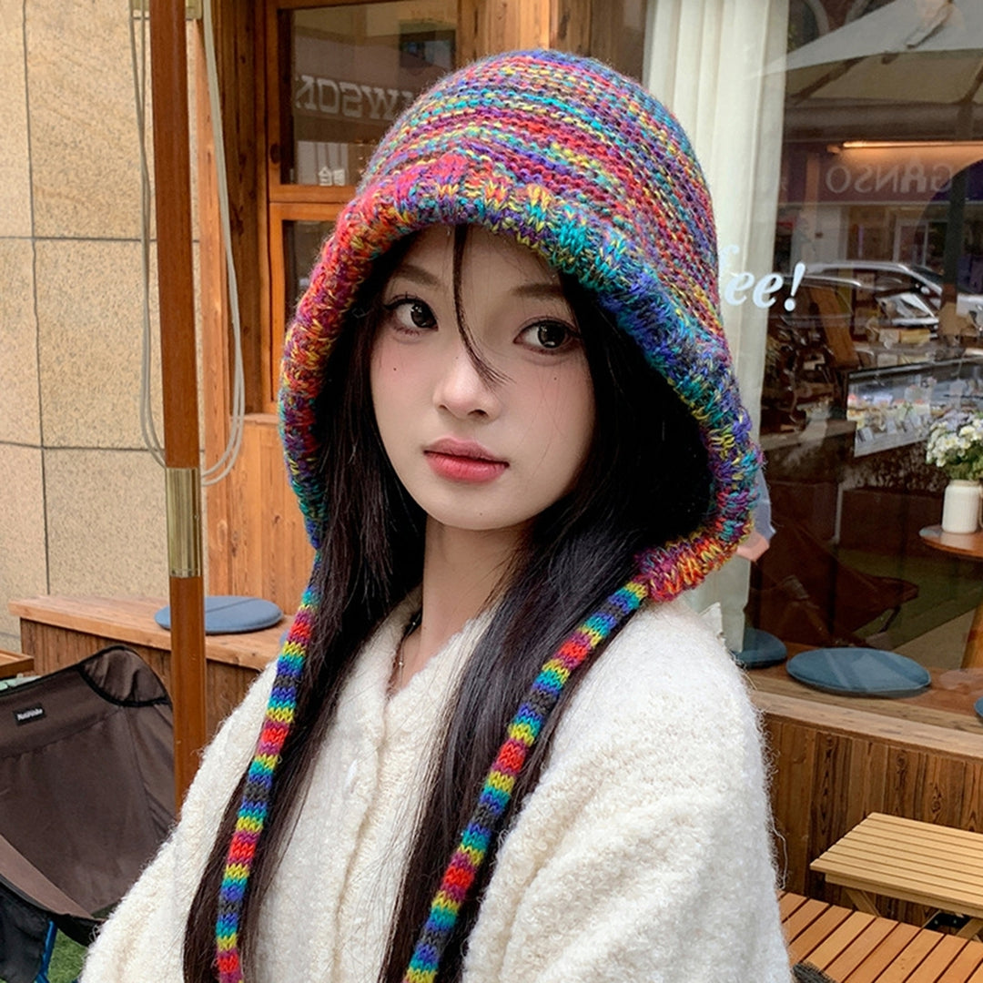 Women Winter Hat Elastic Rainbow Color Knitted Lace Up Strap Elastic Thick Dome Soft Warm Windproof Foldable Lady Cap Image 4