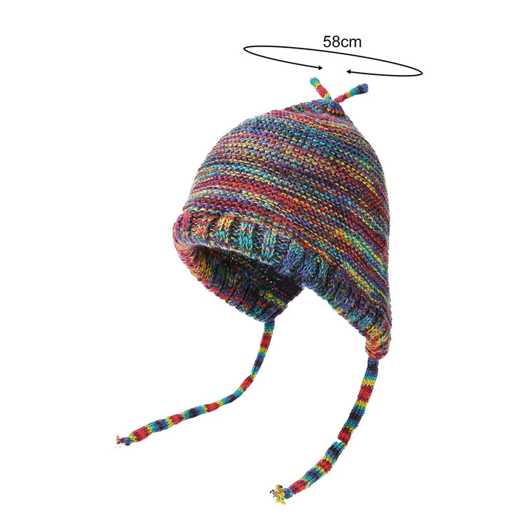 Women Winter Hat Elastic Rainbow Color Knitted Lace Up Strap Elastic Thick Dome Soft Warm Windproof Foldable Lady Cap Image 6