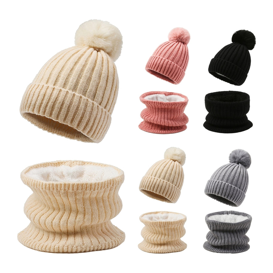 2Pcs/Set Unisex Winter Solid Color Hat Scarf Set Thickened Fleece Lining Warm Neck Gaiter Plush Ball Decor Beanie Hat Image 1