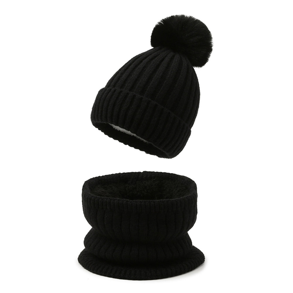 2Pcs/Set Unisex Winter Solid Color Hat Scarf Set Thickened Fleece Lining Warm Neck Gaiter Plush Ball Decor Beanie Hat Image 2