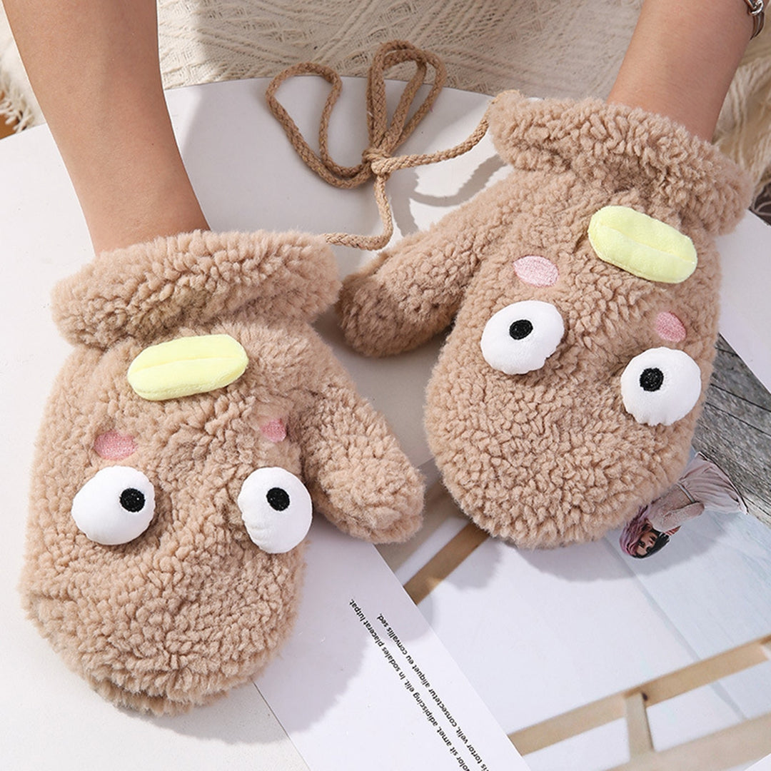 1 Pair Winter Mittens Cartoon Animal Style Thick Plush Anti-lost Strap Cold Resistant Windproof Soft Image 7