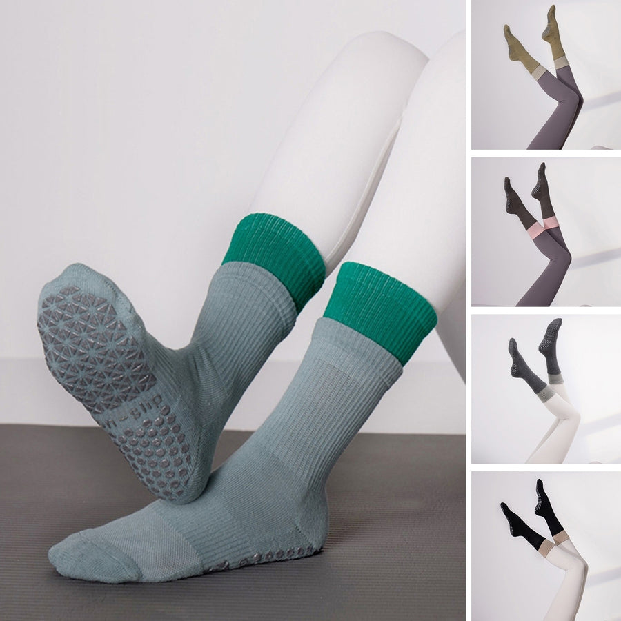 1 Pair Autumn Winter Yoga Socks Non-Slip Sole Patchwork Color Socks Professional Women Mid-tube Pilates Socks Image 1
