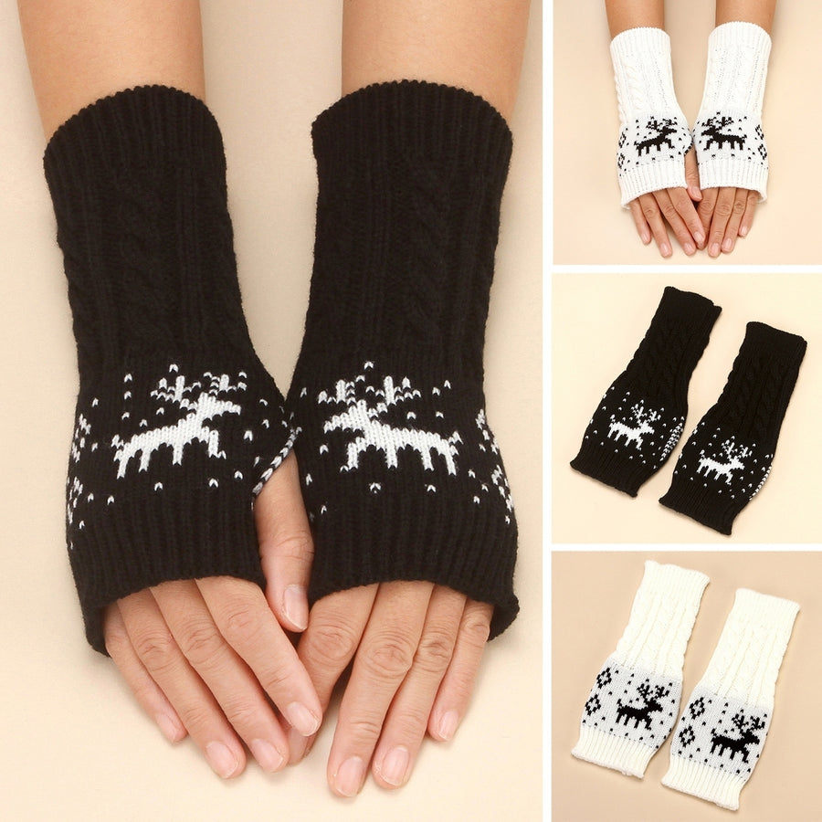 1 Pair Winter Typing Gloves Knitted Half Fingers Elastic Elk Printed Color Matching Anti-slip Wrist Image 1