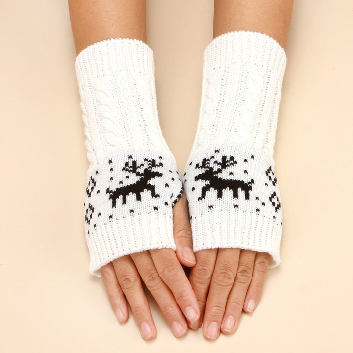 1 Pair Winter Typing Gloves Knitted Half Fingers Elastic Elk Printed Color Matching Anti-slip Wrist Image 2