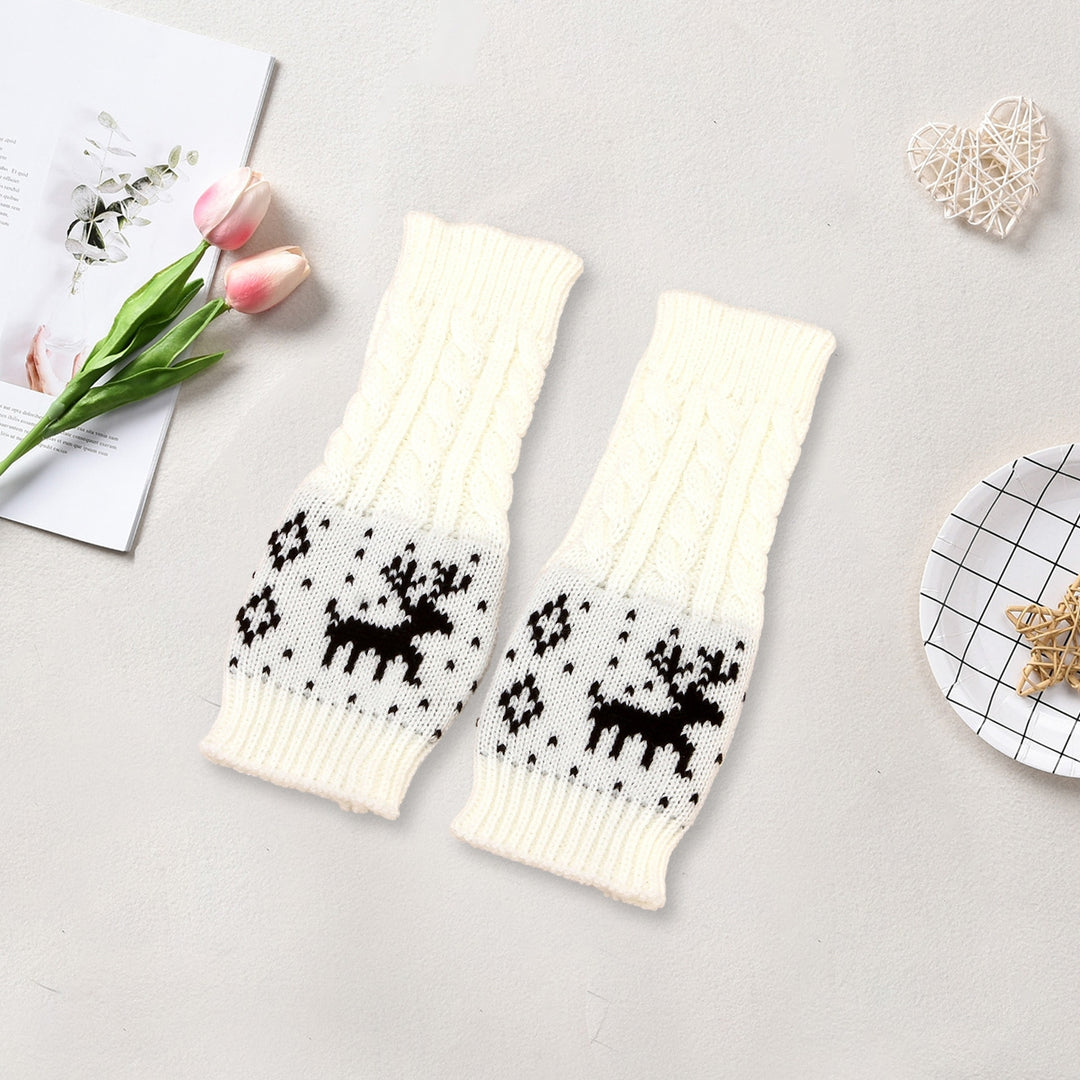 1 Pair Winter Typing Gloves Knitted Half Fingers Elastic Elk Printed Color Matching Anti-slip Wrist Image 3
