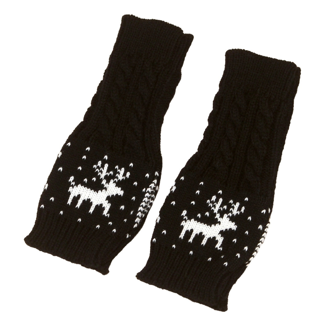 1 Pair Winter Typing Gloves Knitted Half Fingers Elastic Elk Printed Color Matching Anti-slip Wrist Image 1