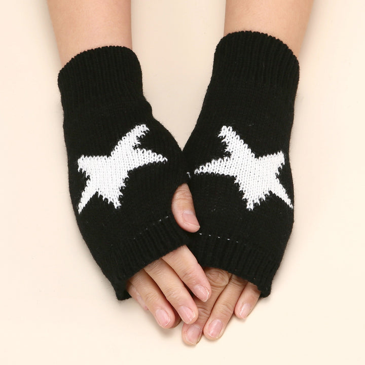 1 Pair Winter Typing Gloves Knitted Half Fingers Elastic Star Printed Color Matching Anti-slip Wrist Image 7