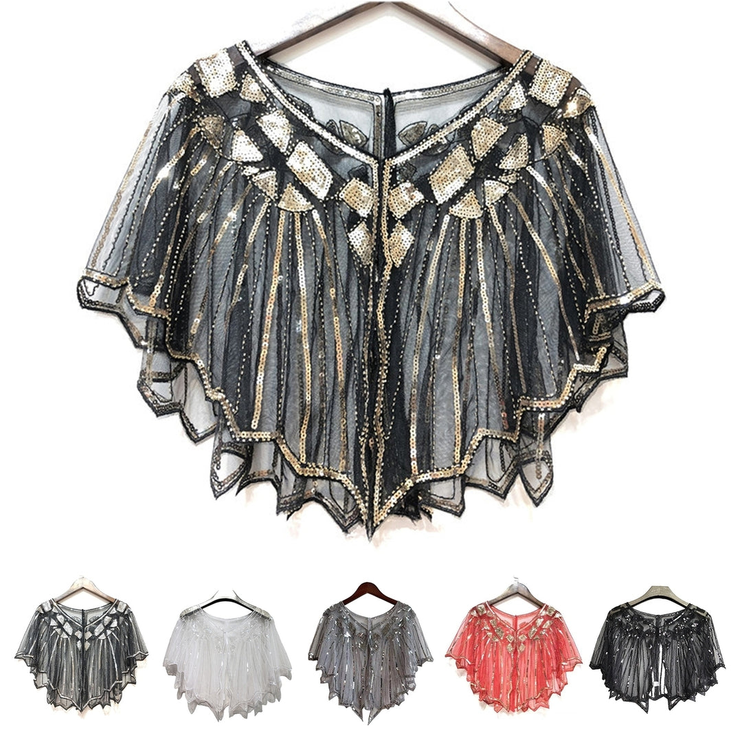 Women Prom Shawl Beaded Sequin Decor See-through Short V Neck Thin Shoulder Decoration Soft Image 1