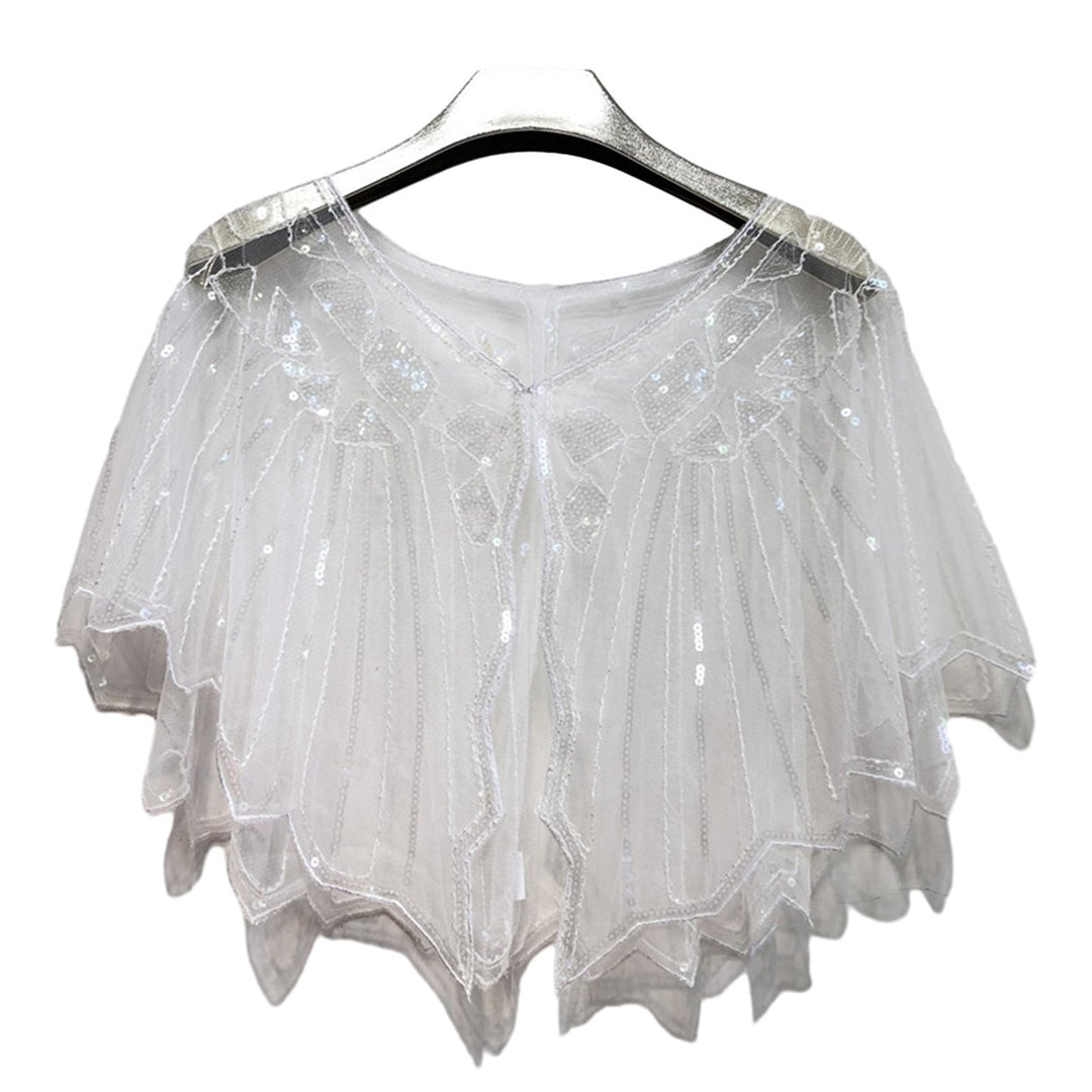 Women Prom Shawl Beaded Sequin Decor See-through Short V Neck Thin Shoulder Decoration Soft Image 1